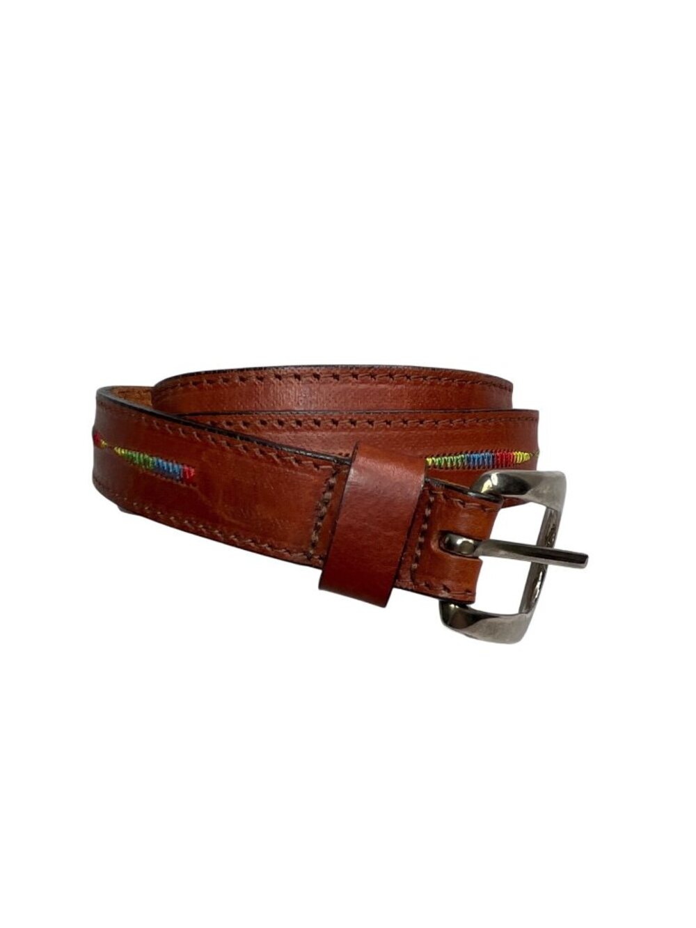 Aimee Lynn Handmade Italian Leather Belt Brown With Rainbow Stitching Medium